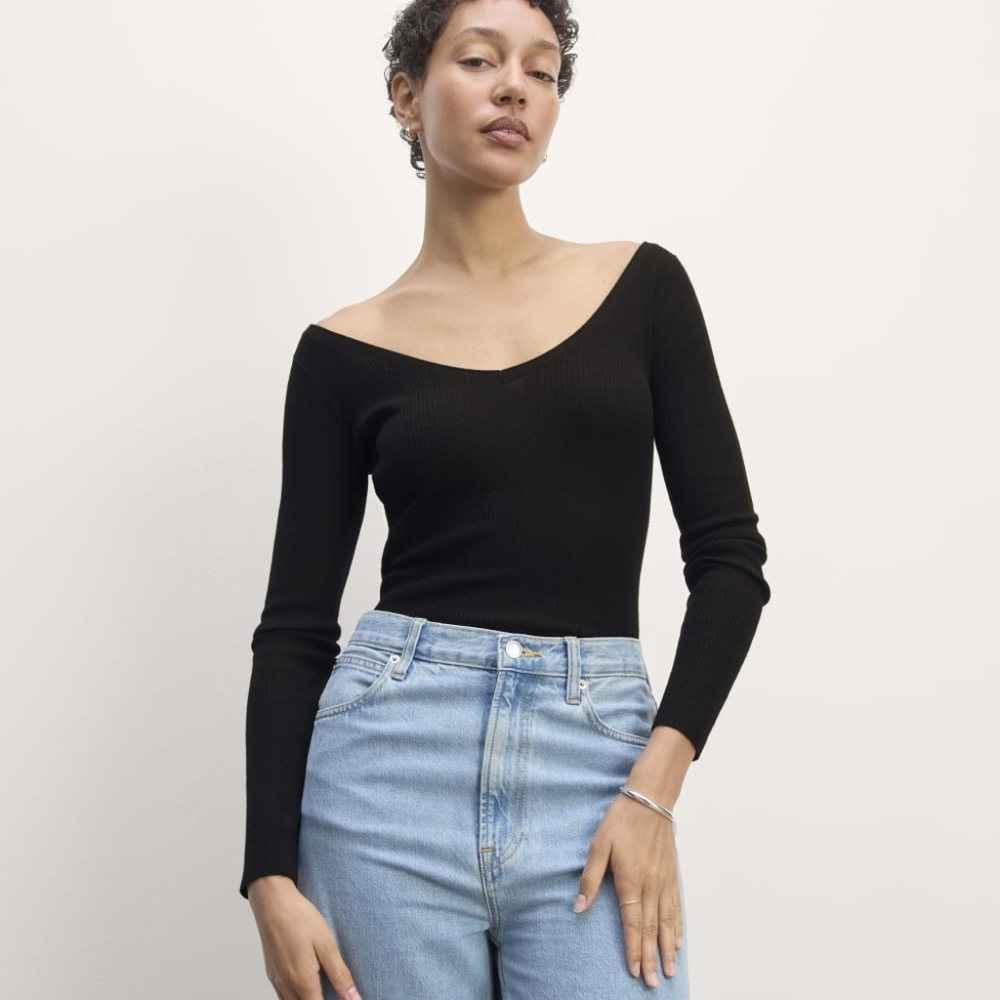 Everlane Sweater Womens Black Ultrasoft Merino Wool Long Off Shoulder Ribbed